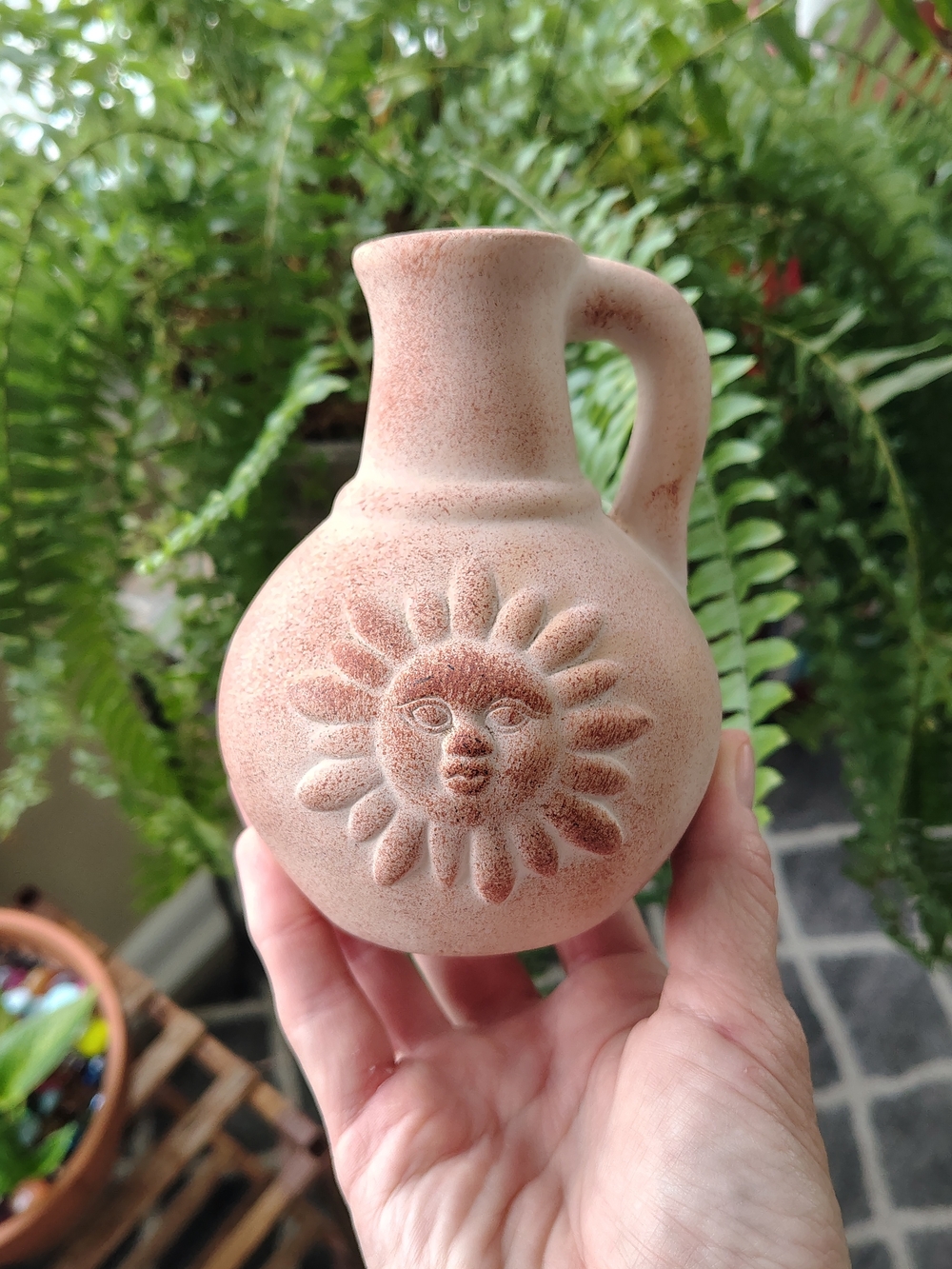 Handcrafted Mexican Sun Face Pottery Vase